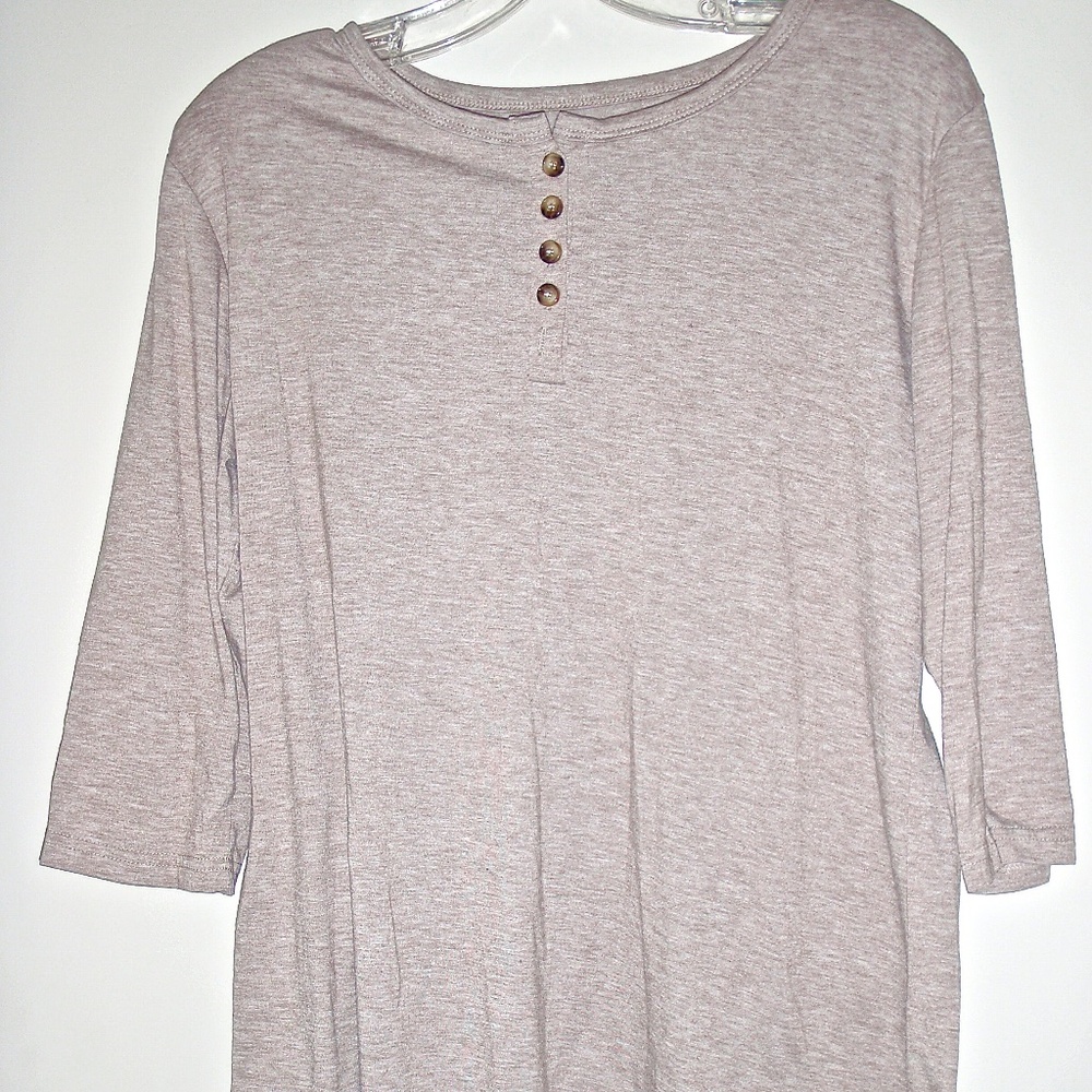 WOMEN'S LIGHT BROWN HEATHER HENLEY 3/4 SLEEVE COTTON SPANDEX SHIRT SIZE L